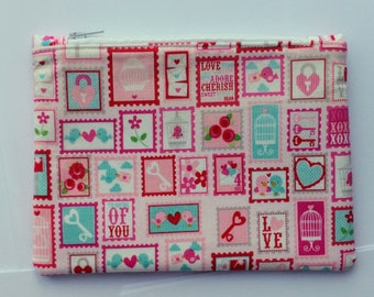 Pink stamp pouch, Cute and versatile fabric zipper pouch,  stocking filler, stocking stuffer