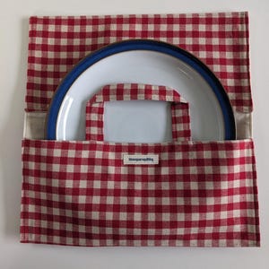 Pojemnik na ciasto, pojemnik na talerze, materiałowa torba na ciasto, materiałowy uchwyt na ciasto, wypełniacz skarpet - czerwona kratka gingham na lnie