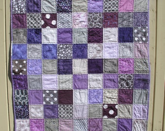 Unisex baby quilt in grey and purple, gray, baby shower present, baby birthday present READY TO SHIP