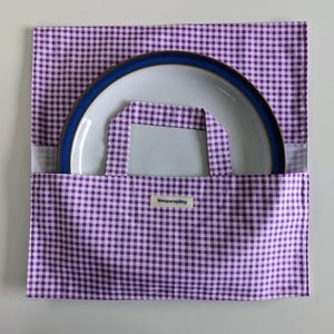 Taartendrager, bordenhouder, stoffen taartzak, stoffen taartvorm, kousenvuller - gingham-paars