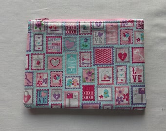 Fabric pouch, Cute and versatile fabric zipper pouch,  stocking filler, stocking stuffer, cute stamps blue