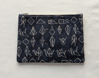 Fabric pouch, Cute and versatile fabric zipper pouch,  stocking filler, stocking stuffer, origami on navy blue