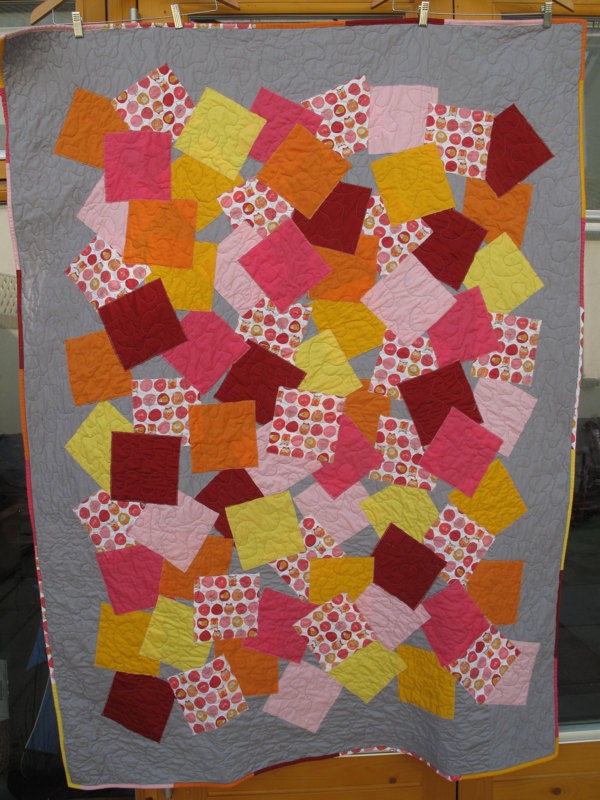 Confetti Patchwork Quilt: Orange & Pink Owls, Single Bed