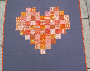 Modern Orange Heart Quilt – Handmade Grey Baby/Lap Quilt