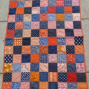 Unisex baby quilt in orange and navy, orange and dark blue, baby shower present, baby birthday present READY TO SHIP