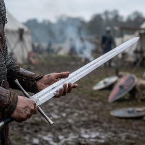 Op de afbeelding: Een lang, zilveren zwaard met een kruisvormige handgreep wordt vastgehouden. Het lemmet is lang en recht, met een punt. De achtergrond toont een middeleeuws kampement met tenten en schilden. Het zwaard is ongeveer 90 cm lang.