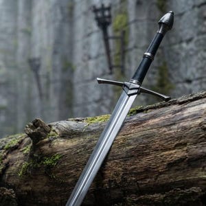 Op de afbeelding: Een middeleeuws zwaard met een zilveren lemmet en een zwarte handgreep, rustend op een met mos bedekte boomstam. Het zwaard heeft een pareerstang en een pommel. De achtergrond omvat een stenen muur en een fakkel.