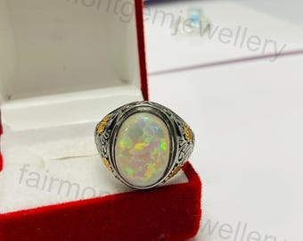 Natural Australian Opal Ring, 925 Sterling Silver, Oval Cabochon 8ct, October Birthstone Jewelry