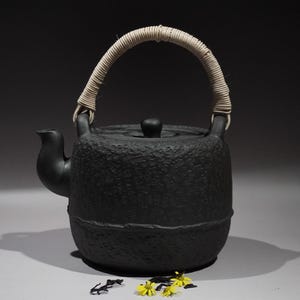 May include: A black cast iron teapot with a textured surface and a woven handle. The teapot has a spout and a lid. A few small yellow flowers and dark leaves are at the base of the teapot.