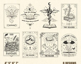 Pacchetto di disegni per ricamo in stile tarocchi per amanti dei libri, file digitale per arte della lettura, download immediato
