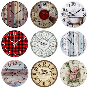 Rustic Vintage Wooden Wall Clock Featuring Red Plaid, Floral, Nautical, Antique, and Farmhouse Designs, Ideal for Living Room, Kitchen,