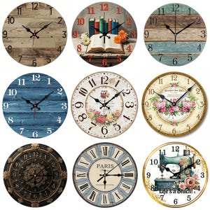 May include: Collection of nine decorative wall clocks with various designs. Styles include wood grain, floral, and vintage themes. Some clocks feature Roman numerals, while others have standard numbers. The clocks are round and have black hands.