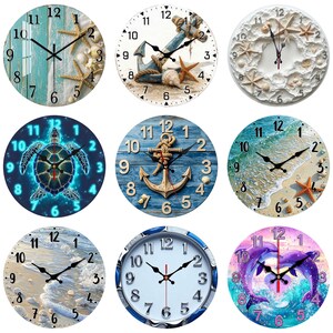May include: Nine decorative wall clocks with various nautical themes. Designs include starfish, seashells, anchors, turtles, and dolphins. Each clock has a round face with black hands and Arabic numerals. The clocks feature a variety of colors, including blue, white, and purple.