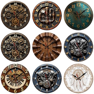 May include: A collection of nine decorative wall clocks with various designs. The clocks feature intricate details, including gears, engine components, and a piano keyboard. The clock faces showcase Roman numerals and Arabic numerals, with a variety of color schemes.
