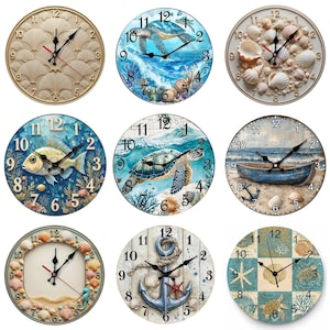 May include: Nine decorative wall clocks with various nautical themes. Designs include seashells, sea turtles, fish, anchors, and boats. Each clock has a round face with black hands and Arabic numerals. The clocks vary in color, including blue, beige, and white.