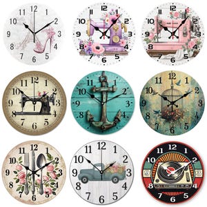 Vintage Rustic Wooden Wall Clock Featuring Sewing Machine, Anchor, Birdcage, Cutlery, Truck, Vinyl Record Designs, Perfect for Living Room,