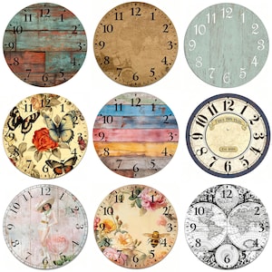 May include: A collection of nine circular wall clocks featuring diverse designs including rustic wood planks, world maps, floral patterns with butterflies and bees, a vintage pin-up illustration, and a Tim's 19th Hole graphic with the text Est. 2020.