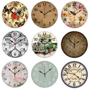 May include: Nine decorative wall clocks with various designs. The clocks feature floral, butterfly, map, and vintage truck themes. Each clock has black hands and a red second hand. The clock faces are round and range in color from cream to brown.