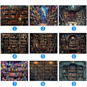 May include: Nine different tapestry designs featuring library scenes. Each tapestry depicts a unique library interior with bookshelves, books, and decorative elements. The designs vary in color palettes and styles, from classic to fantasy.