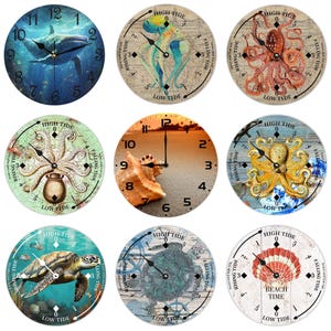 May include: Nine round wall clocks with marine-themed designs. Each clock features a different sea creature, including a whale, octopus, and sea turtle. The clocks have black hands and numerals, with some including text like "High Tide" and "Beach Time".