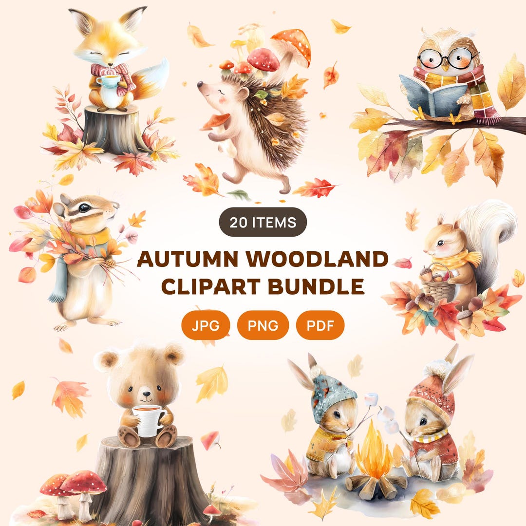 Watercolor Autumn Woodland Animals Clipart Bundle (PNG JPG PDF) - Etsy