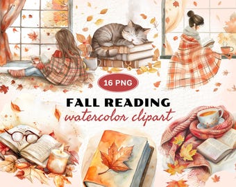 Gemütliche Lese-Aquarell-Cliparts, Herbst-Lesetagebuch-Grafiken, Bücher und Kaffee 16 PNG