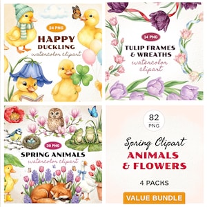 Bosdieren en bloemenlijsten aquarel clipartbundel, babykamer prints, scrapbook kit, 82 png