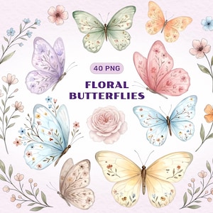 May include: Watercolor illustration of various butterflies and floral elements. The butterflies are in shades of pink, blue, yellow, and green, with floral patterns on their wings. The image includes the text "40 PNG FLORAL BUTTERFLIES".