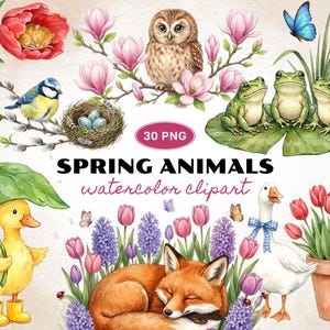 May include: Watercolor clipart featuring spring animals, including an owl, frogs, a fox, a duck, and a goose. The image includes flowers, butterflies, and the text "SPRING ANIMALS watercolor clipart".