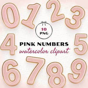 Puede incluir: Una colección de diez números rosas de acuarela, cada uno con contorno dorado. Los números del 0 al 9 se muestran en una fuente lúdica. También está presente el texto "PINK NUMBERS watercolor clipart".