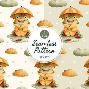 Puede incluir: Un patrón continuo con una rana verde que lleva un impermeable amarillo y sostiene un paraguas amarillo, rodeada de nubes naranjas y verdes y puntos blancos. El texto circular central dice 4 PNG Seamless Pattern 12x12 inches.