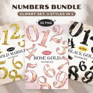 Pode incluir: Um pacote de cliparts digitais com números em três estilos: ouro mármore, ouro rosa e ouro preto. Cada conjunto inclui os números de 0 a 9. O texto na imagem diz "NUMBERS BUNDLE" e "CLIPART SET: 3 STYLES IN 1".