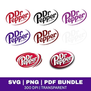 Puede incluir: Una colección de logotipos de Dr. Pepper en varios colores, incluyendo rojo, negro, morado y granate. Los logotipos presentan el nombre de la marca en una fuente estilizada con el texto "Est. 1885". La imagen también incluye el texto "SVG | PNG | PDF BUNDLE".