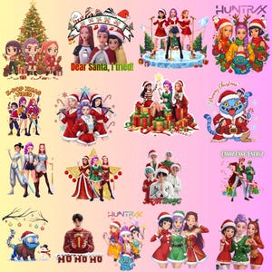 May include: A collection of Christmas-themed digital illustrations featuring cartoon characters in festive attire. The images include text such as "Dear Santa, I tried!", "K-POP XMAS VIBES", and "HO HO HO". The color palette is vibrant, with pink, red, and green.
