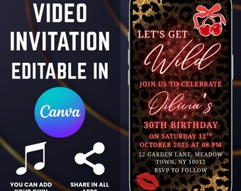 Digital Lets Get Wild Birthday Invitation, Editable Template Video invite, Dinner & Drinks Glam Party Invite, Cheetah Theme Party Invite