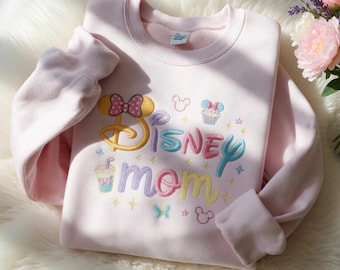 Moletom fofo para mamães da Disney, bordado colorido com a Minnie, gola redonda, roupa para férias na Disney, camiseta mágica para viagem em família, presente para a mamãe