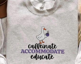 Moletom bordado para professores, com estampa "Cafeína, Acomoda, Educa", "Ganso Bobo da Educação Especial", presente para professores na volta às aulas.