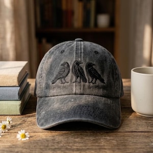 Embroidered Crow Washed Cap, Black Bird Hat, Funny Bird Hat, Funny Bird Puns Hat.