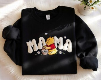 Moletom bordado da Mamãe Pooh, blusa de gola redonda com estampa de ursinho fofo de desenho animado, presente para mães inspirado na Disney, camiseta minimalista e aconchegante para mães.