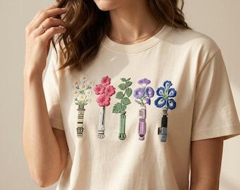 Gesticktes Blumen Lichtschwert Waschen T-Shirt, Star Wars Blumen Shirt, Sci Fi Film T Shirt, Sci Fi Film Geschenk