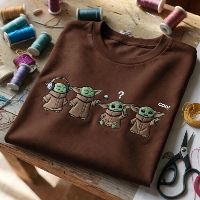 Puede incluir: Camiseta marr&oacute;n con un dise&ntilde;o bordado de un personaje alien&iacute;gena verde con una t&uacute;nica marr&oacute;n. El dise&ntilde;o incluye el texto "coo!" y un signo de interrogaci&oacute;n. La camiseta est&aacute; rodeada de carretes de hilo y herramientas de costura.