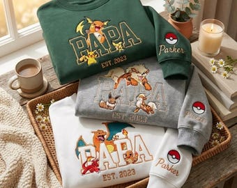Benutzerdefiniertes PokaDad gesticktes Sweatshirt, persionalisierte Anime-Charaktere Sweatshirt, Anime Vatertagsgeschenk, Geschenk für Papa, Taschentier