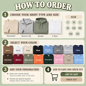 May include: An instructional graphic titled HOW TO ORDER displaying four steps for purchasing apparel. It features icons for a sweatshirt, quarter zip, hoodie, and t-shirt, a size chart from S to 5XL, and a grid of twenty color swatches with labels.
