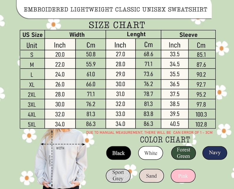 Puede incluir: Una tabla de tallas para una sudadera unisex cl&aacute;sica ligera bordada. La tabla incluye medidas en pulgadas y cent&iacute;metros para el ancho, largo y largo de manga, desde la talla S hasta la 5XL. Las opciones de color incluyen negro, blanco, verde bosque, azul marino, gris deportivo, arena y rosa.