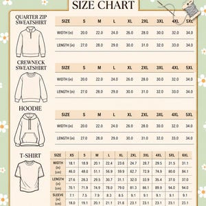 May include: A size chart for apparel featuring line drawings of a quarter zip sweatshirt, crewneck sweatshirt, hoodie, and t-shirt. The table displays width, length, and sleeve measurements in inches and centimeters for sizes XS through 6XL.