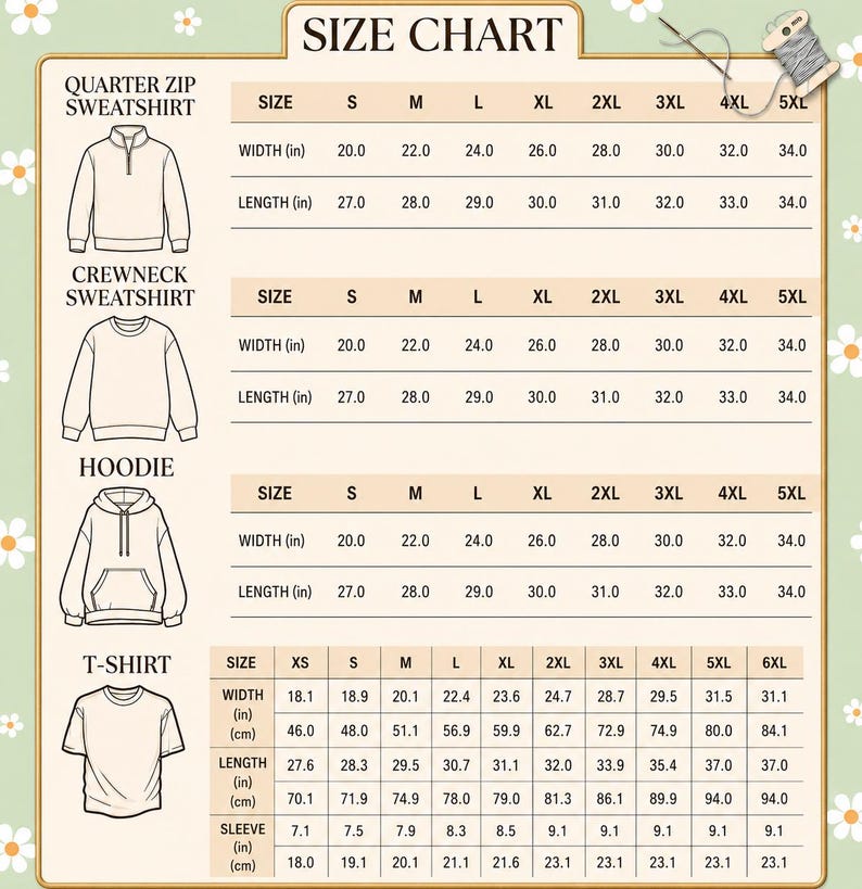May include: A size chart for apparel featuring line drawings of a quarter zip sweatshirt, crewneck sweatshirt, hoodie, and t-shirt. The table displays width, length, and sleeve measurements in inches and centimeters for sizes XS through 6XL.