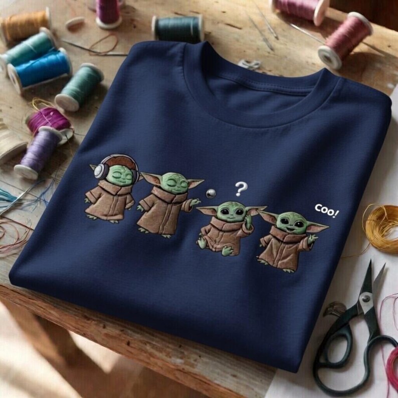 Puede incluir: Camiseta azul marino con un dise&ntilde;o bordado de cuatro personajes Grogu. Uno lleva auriculares, otro tiene un signo de interrogaci&oacute;n sobre la cabeza y el &uacute;ltimo dice "coo!".