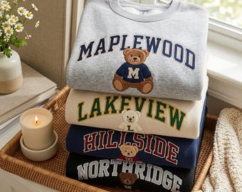 Moletom personalizado com nome da faculdade bordado, estilo universitário com ursinho de pelúcia, suéter com estética preppy, presente aconchegante e personalizado