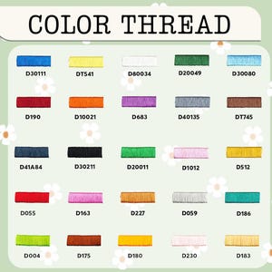Puede incluir: Una carta de colores de muestras de hilo de bordar, cada una etiquetada con un c&oacute;digo &uacute;nico. Los hilos se muestran en una variedad de colores, incluyendo azul, amarillo, blanco, verde y rojo. El texto "COLOR THREAD" est&aacute; en la parte superior.