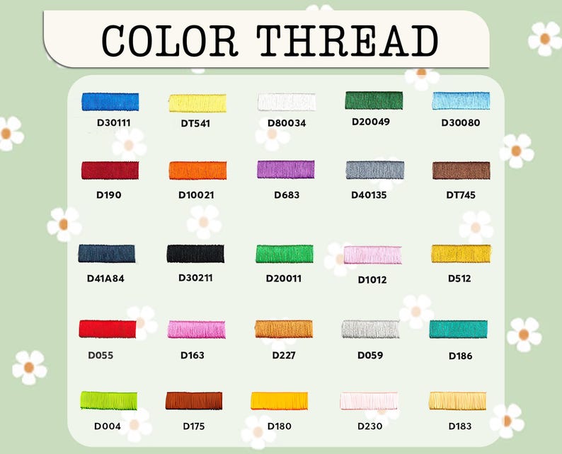 Puede incluir: Una carta de colores de muestras de hilo de bordar, cada una etiquetada con un c&oacute;digo &uacute;nico. Los hilos se muestran en una variedad de colores, incluyendo azul, amarillo, blanco, verde y rojo. El texto "COLOR THREAD" est&aacute; en la parte superior.